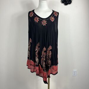 California Woman Tunic Top Womens Free Size Black Paisley Beaded Boho Beach